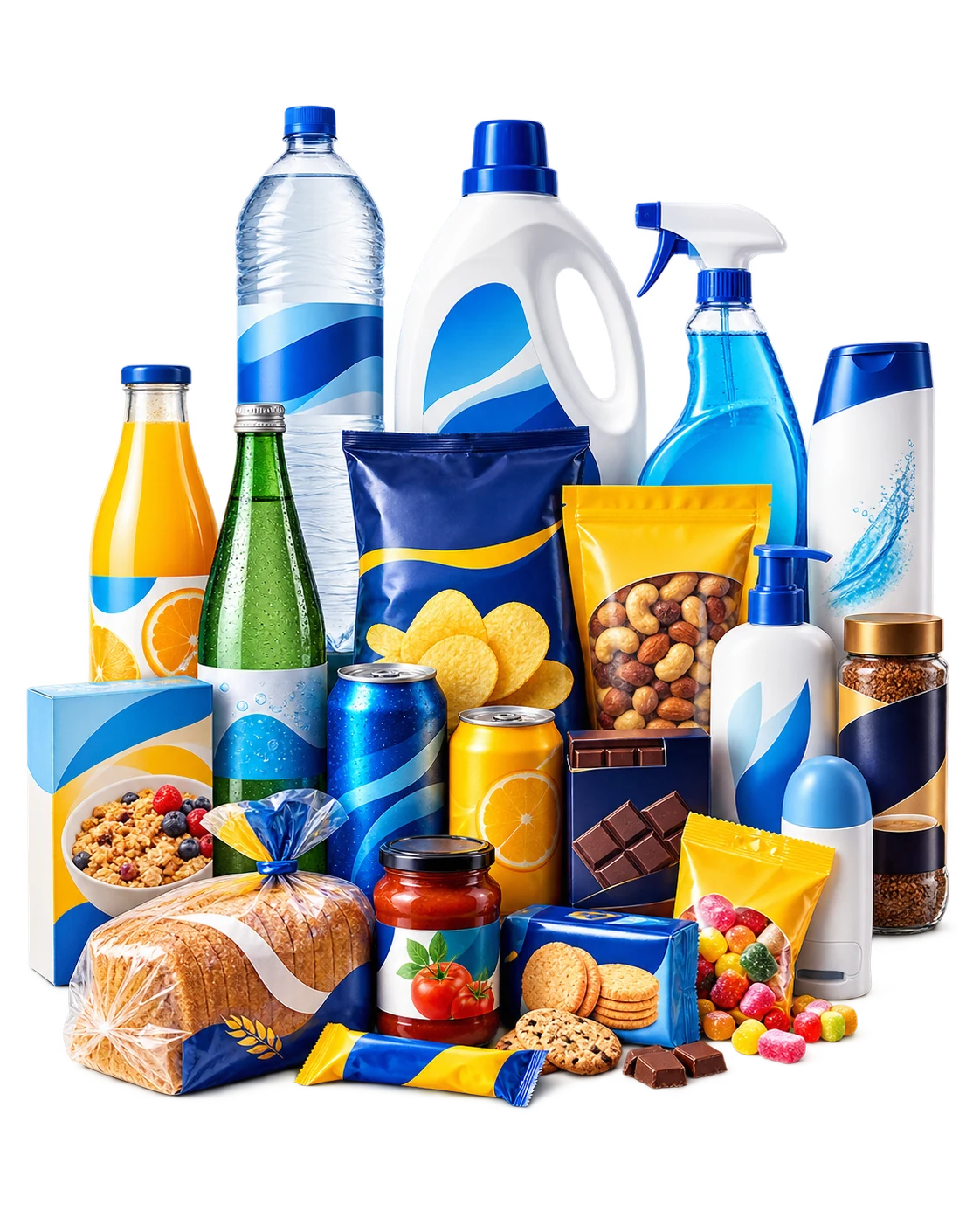 A broad collection of grocery, drink, snack, household and personal-care FMCG products